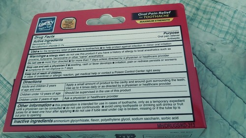 Fast Acting Toothache Pain Relief Maximum Strength Oral Gel Benzocaine 20% 0.5oz