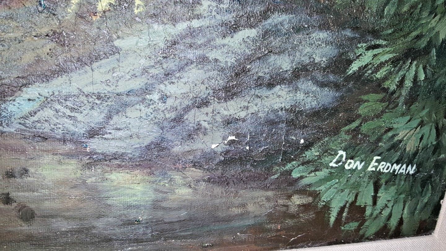 Large Framed Art Leopard Drinking in Jungle Painting on Canvas by Don Erdman ~