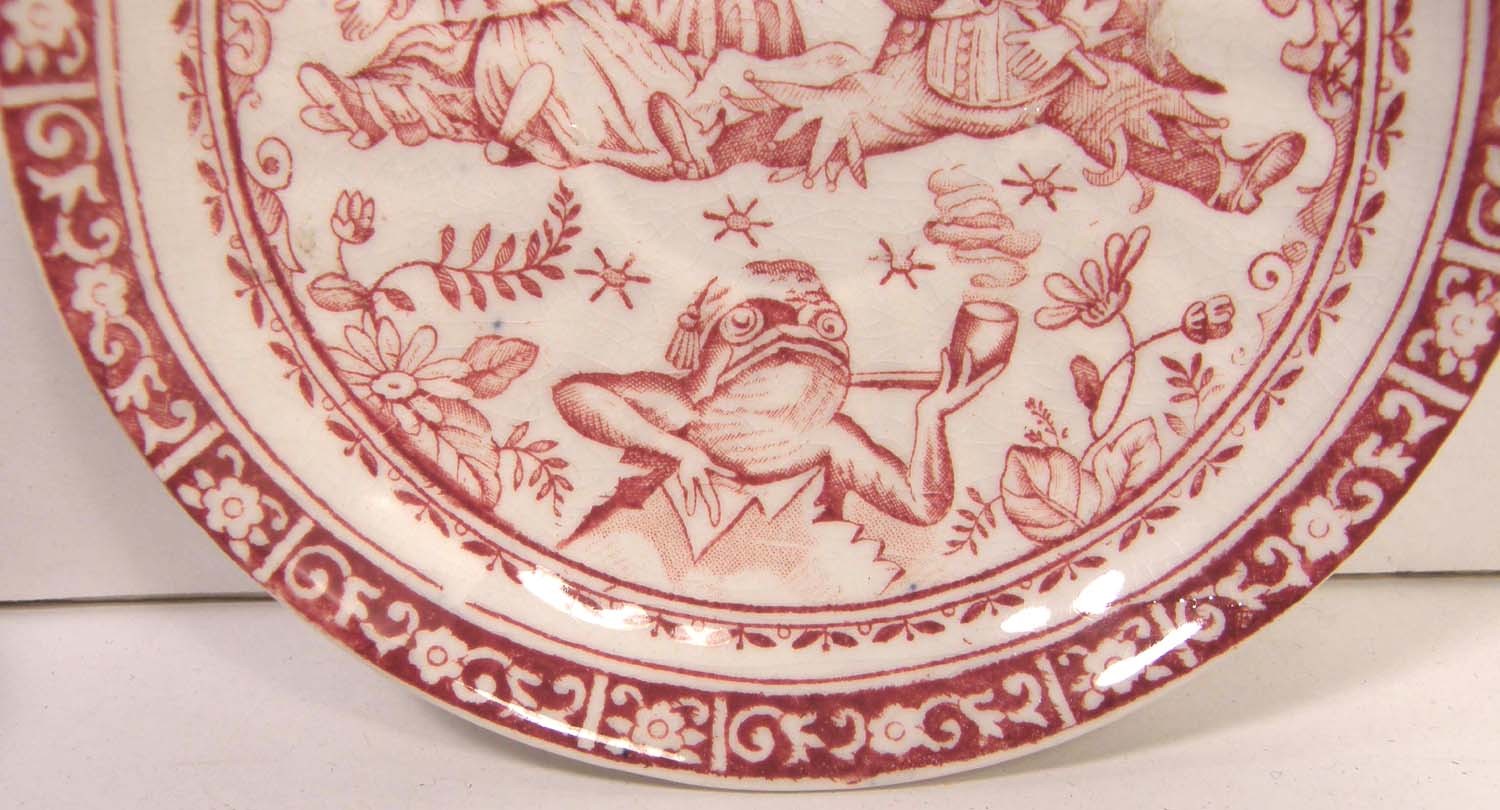 VICTORIAN ALLERTON ENGLISH RED TRANSFERWARE PUNCH & JUDY CHILD'S CUP & SAUCER