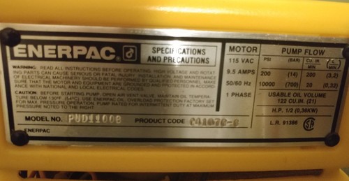 Enerpac hydraulic pump 115V,PUD1100B, 10000 PSi