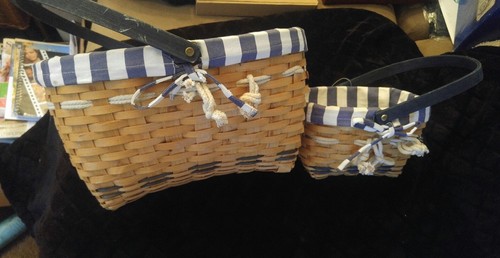 Vintage Matching Blue and White Lined Wicker Baskets