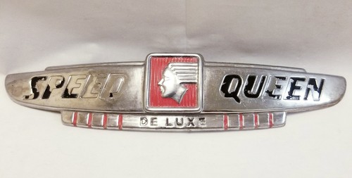 Lot of 2 Vintage Original Speed Queen Deluxe Washer Metal Nameplate Emblem Logos