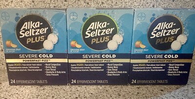 Lot Of 3 Alka-Seltzer Plus Severe Cold & Flu Powerfizz Citrus Flavor~24ct ea NEW