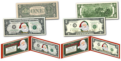 THE ORIGINAL SANTA BUCKS Christmas Genuine $1 & $2 Bill in Red Folios - Set of 2