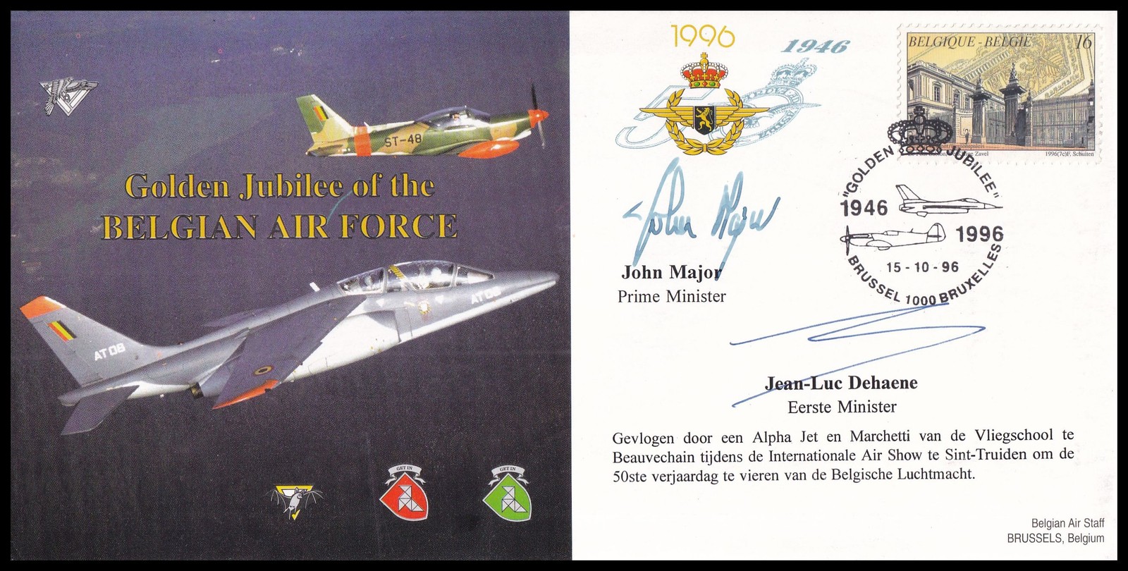 JOHN MAJOR & JEAN-LUC DEHAENE Signed RAF CC20 Belgian Air Force 50th Ann Cover