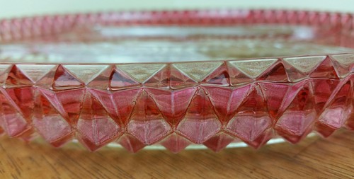 Vintage glass serving platter cranberry rim diamond prism 12 inches divided
