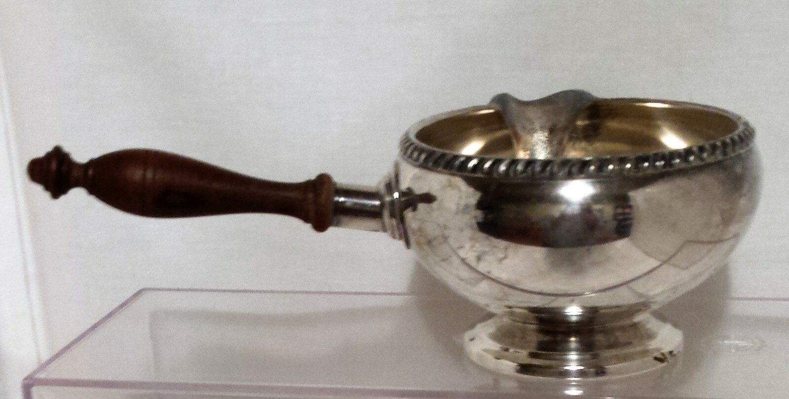 CRESCENT SILVER PLATE BRANDY SAUCE WARMER w/ WOODEN HANDLE