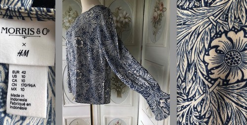 MORRIS & CO H&M FLORAL L/S SHIRT RAYON BLUE ECRU WOMEN'S POET SLEEVE EUC 10