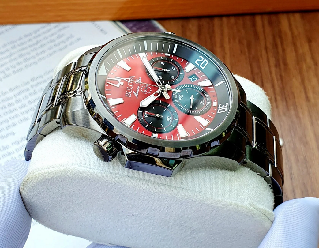Pre-owned Bulova Marine Star Red Dial Chronograph Stainless Steel Men's Watch 98b350
