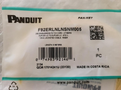 Brand new Panduit Fiber Optic Duplex Patch Network Cable F92ERLNLNSNM005