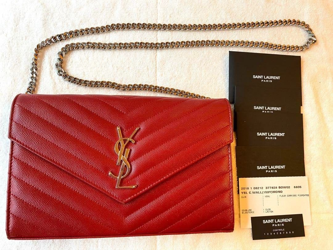 YSL Saint Laurent Red Grain De Powder Matelasse Wallet On