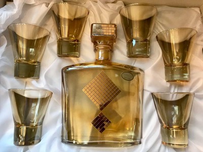 New RARE Franco Vetrerie Cristallerie Decanter 6 Glasses Italy Gold Gift Box Set
