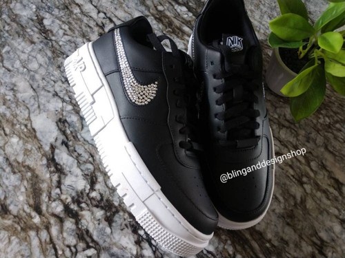 Pre-owned Swarovski Womens Nike Air Force 1 Pixel Black Sneakers Shoes Made With  Crystals