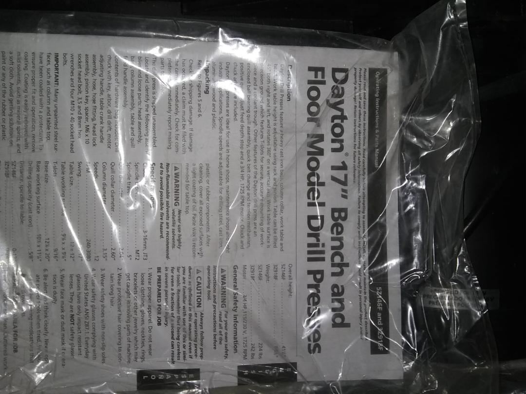 DAYTON 5Z146 Bench Drill Press , 3/4 HP , 17