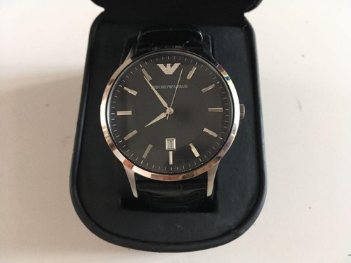 NEW EMPORIO ARMANI AR2411 CLASSIC BLACK DIAL LEATHER STRAP