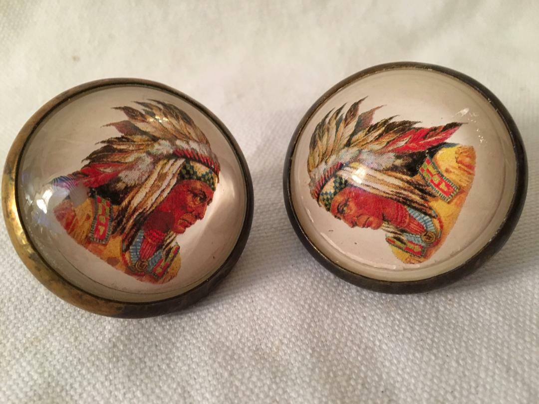 RARE VINTAGE INDIAN CHIEF PAIR OF BRASS BRIDLE ROSETTE'S