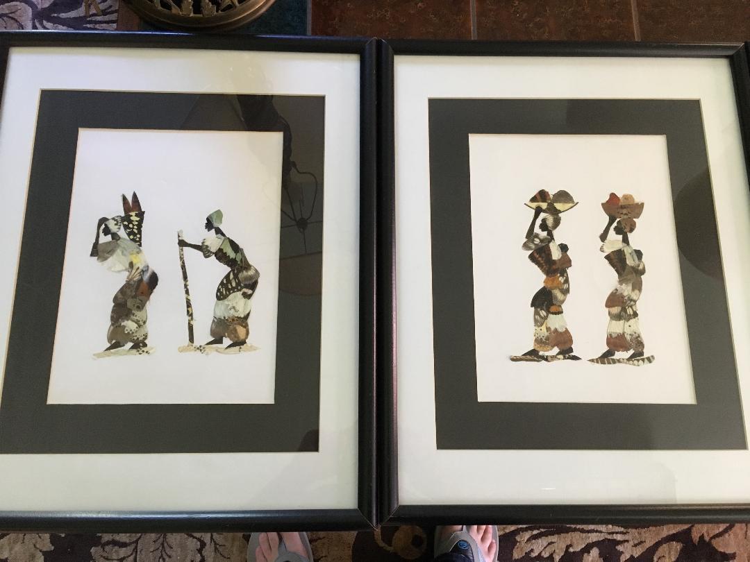 Four Vintage Hand Crafted African Butterfly Wing Collage Artwork Matted & Framed