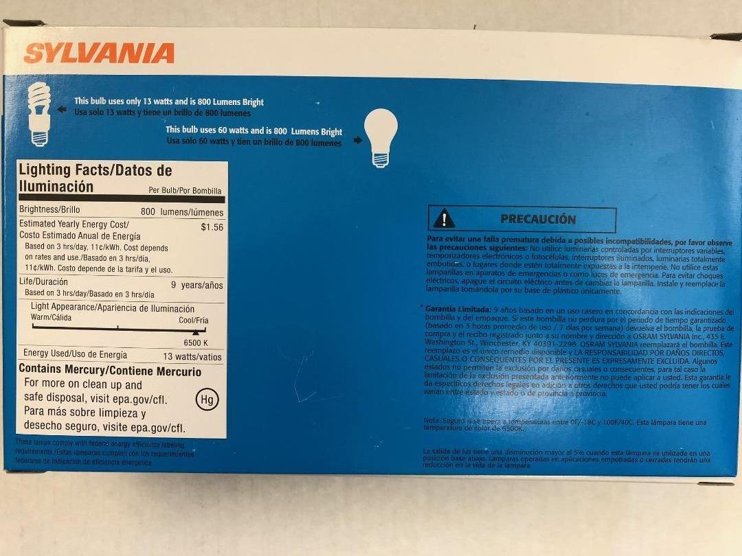 24 (6x4PK) SYLVANIA 20016 CF13EL/SUPER/865/RP4/YX 60W =13W 120V 800 Ln 6500K CFL