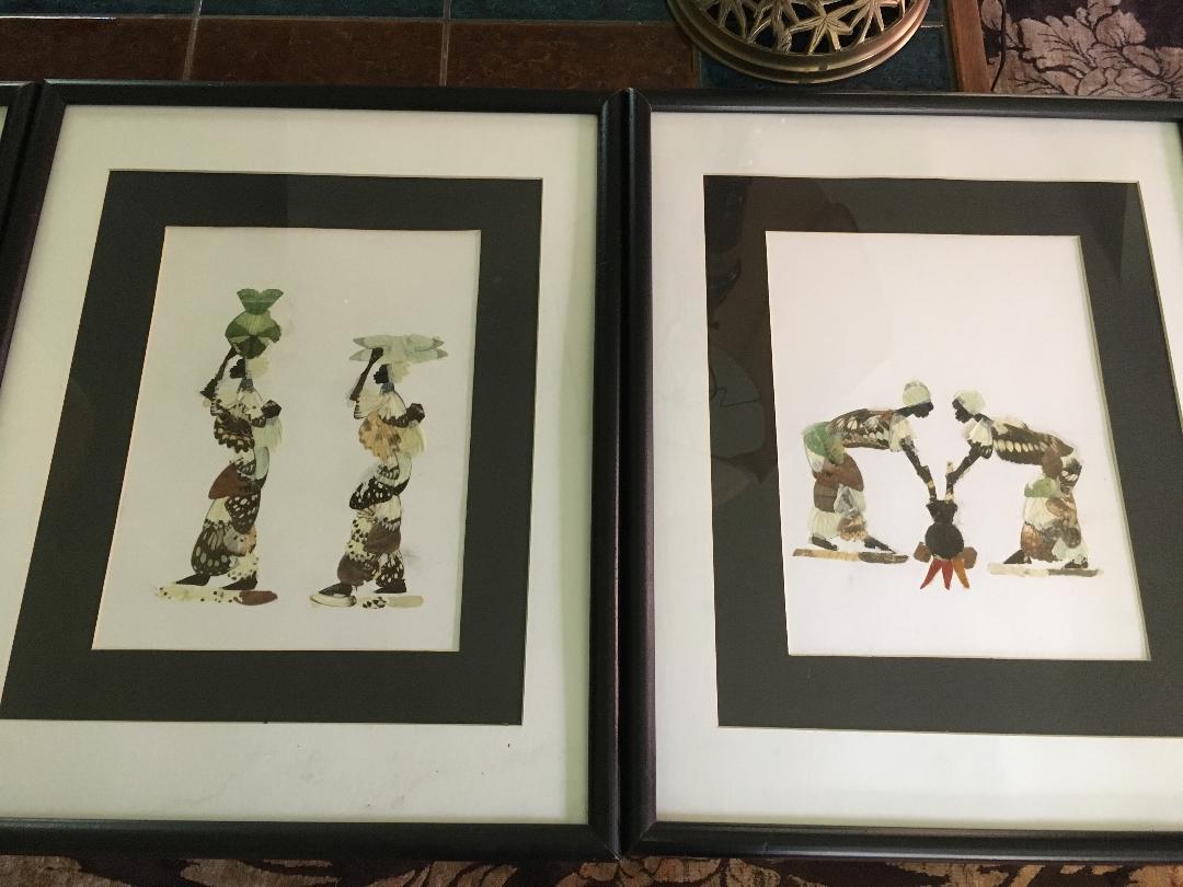 Four Vintage Hand Crafted African Butterfly Wing Collage Artwork Matted & Framed