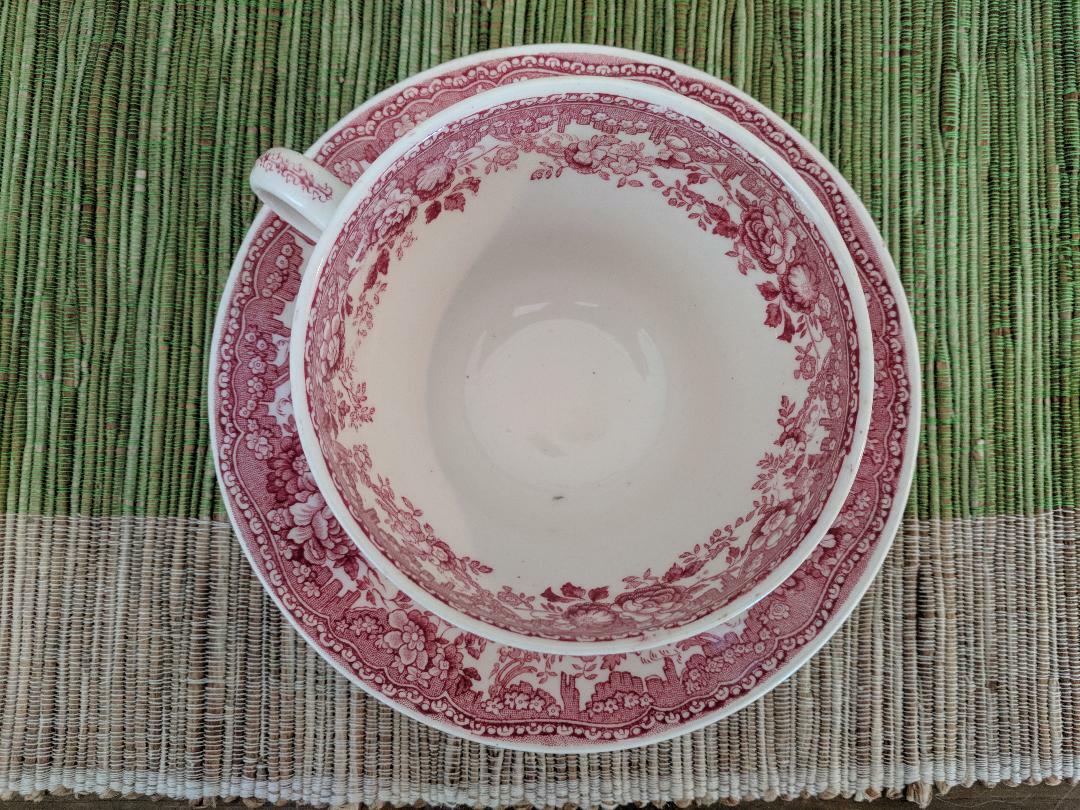 MASON'S CRANBERRY PINK FOUNTAINS CUP AND SAUCER SET ENGLAND