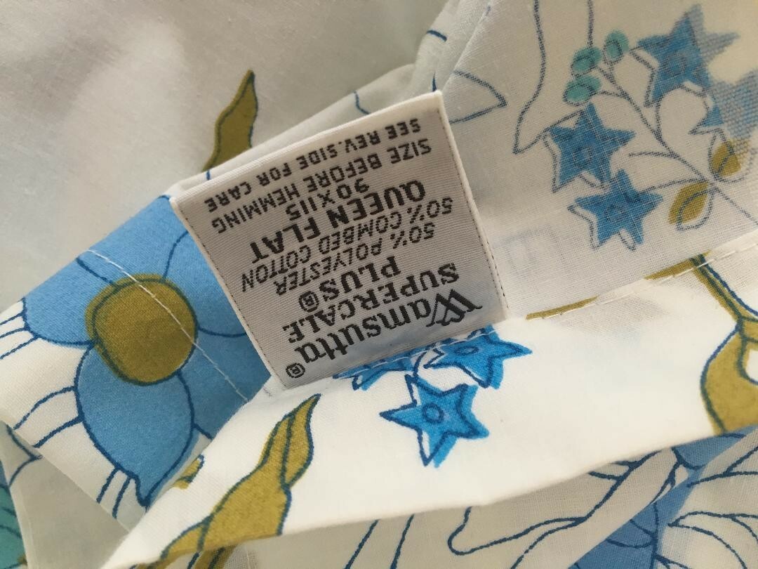 Vintage 60s Wamsutta Sheet Mod BLUE Floral Flat QUEEN Supercale Plus Flowers
