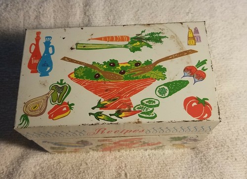 2.19.7) Vintage Ohio Art Company Tin Metal Recipe Box w/2 cards Lobster veggies