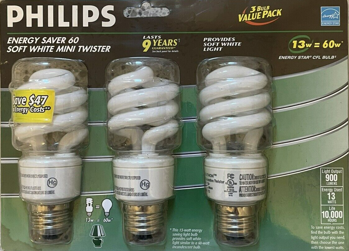 3 Philips Soft White 60-Watt Mini Twister CFLs NEW - Energy 