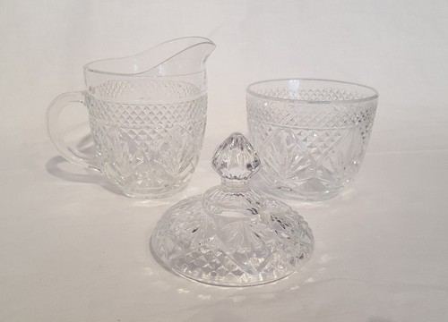 EAPG 3PC Diamond Pressed Glass Cream and Sugar Dish with Lid
