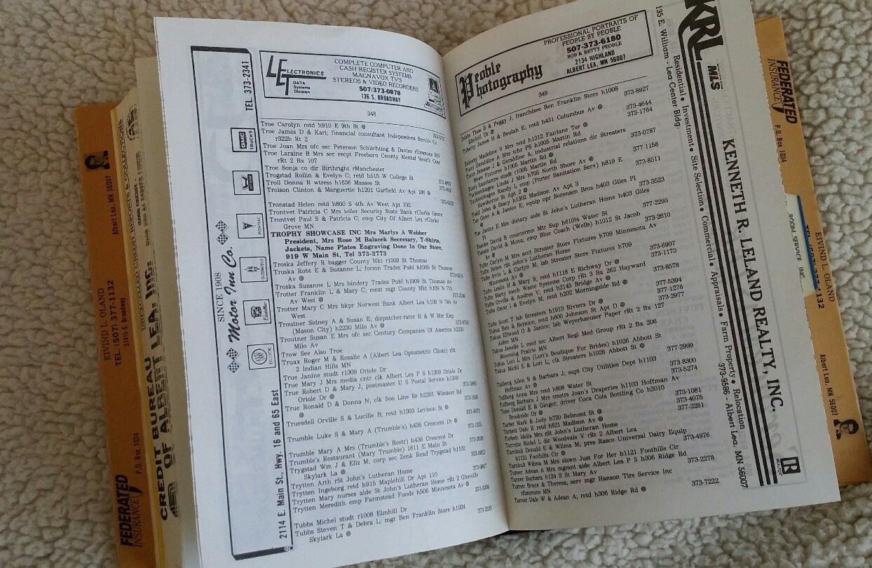 Albert Lea MN City Directory Phone Book 1987 Freeborn Co. Minnesota Genealogy