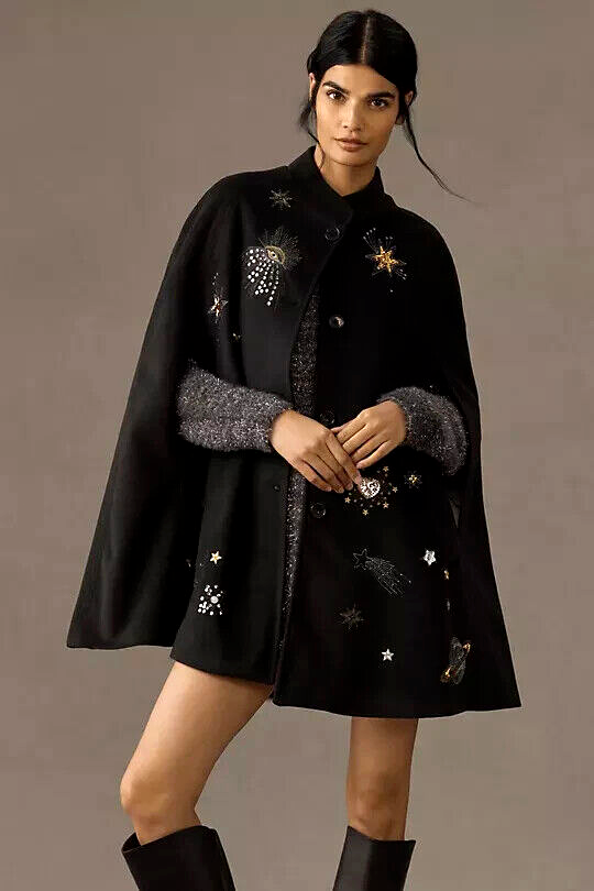 Anthropologie Vilagallo Hilda Cape Embellished Black Galaxy