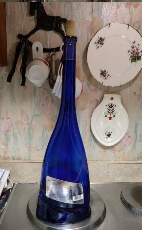 Wine Bottle Art Glass Cobalt Blue Long Neck Bottle 20.5" Tall Home Decor Vtg.