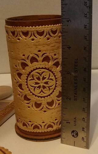 Russian Birch Bark Wooden Hair Brush Comb Canister Pencil Holder Barrette Set