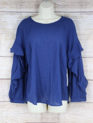 Hashttag Womens Size Small Ruffle Long Sleeve Light Blouse Shirt Navy Blue