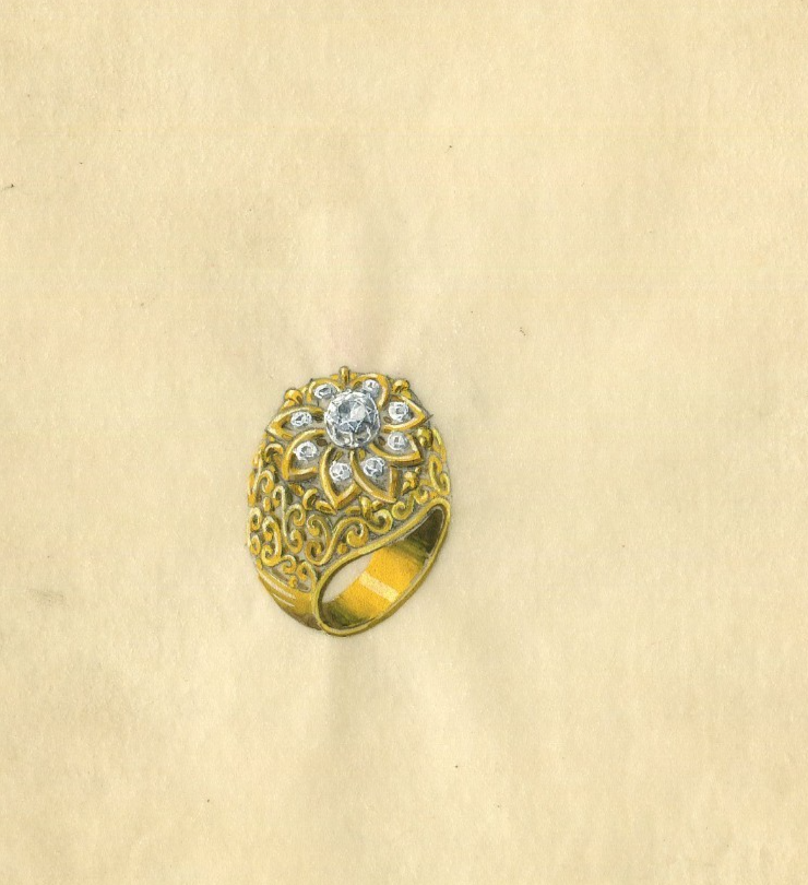 Vintage Drawing Art Deco Original Jewelry Diamond Gold Ring