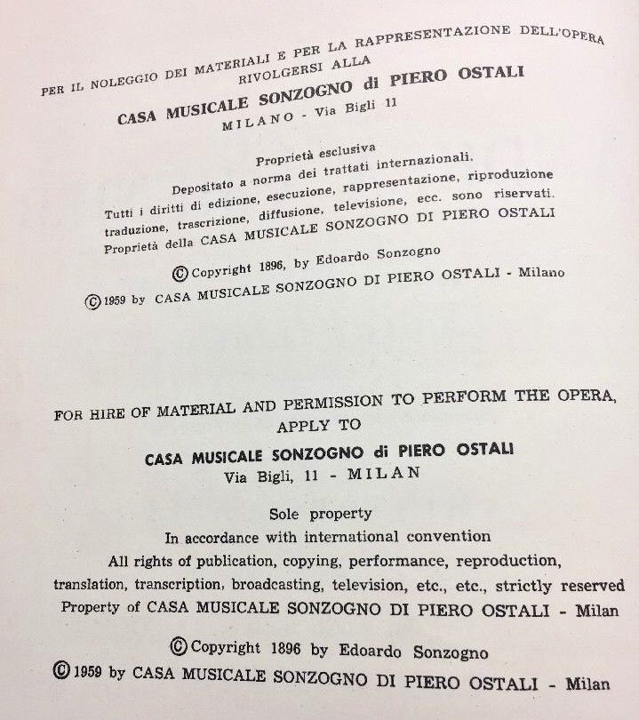 1896 Opera Andrea Chenier by Umberto Giordano 1959 Music Book