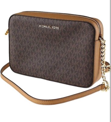 MICHAEL KORS NEW JET SET LARGE ZIP CROSSBODY BAG SHOULDER BROWN SIGNATURE LOGO