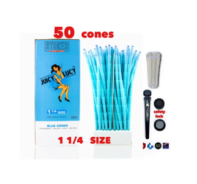 RAW juicy lucy BLUE prerolled cone 1 1/4size 50PK MADE IN FRANCE+tube+glass tip