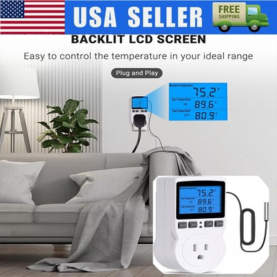 Digital Thermostat Outlet Plug Temperature Controller Heating Cooling w/Probe US