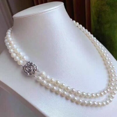 18 Inch Double strands AAAAA 7-8mm natural South Sea white pearl necklace