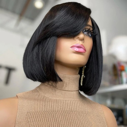 13X4 Lace Front Wigs with Side Bangs Short Bob Human Hair