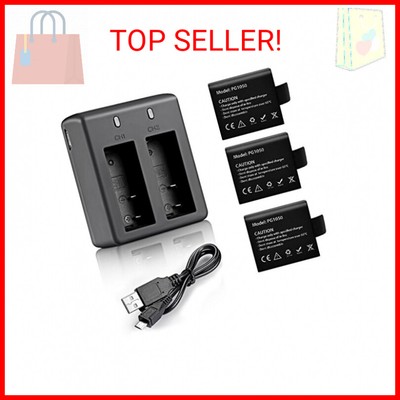 VVHOOY 3 x 1050mAh Rechargeable Action Camera Battery with USB Dual Charger Comp