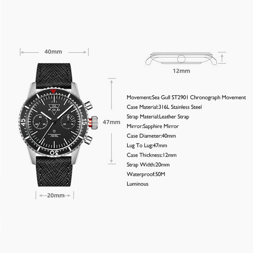 Pre-owned Merkur Men Chronograph Watch 38mm Sport Manual Wind Mechanical Wristwatch Black