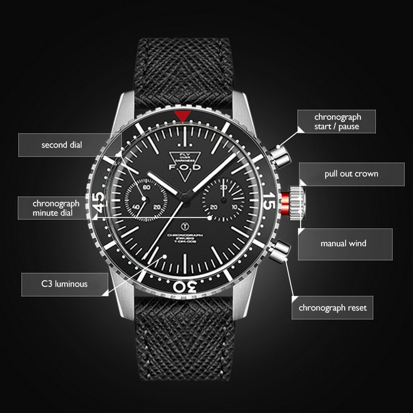 Pre-owned Merkur Men Chronograph Watch 38mm Sport Manual Wind Mechanical Wristwatch Black