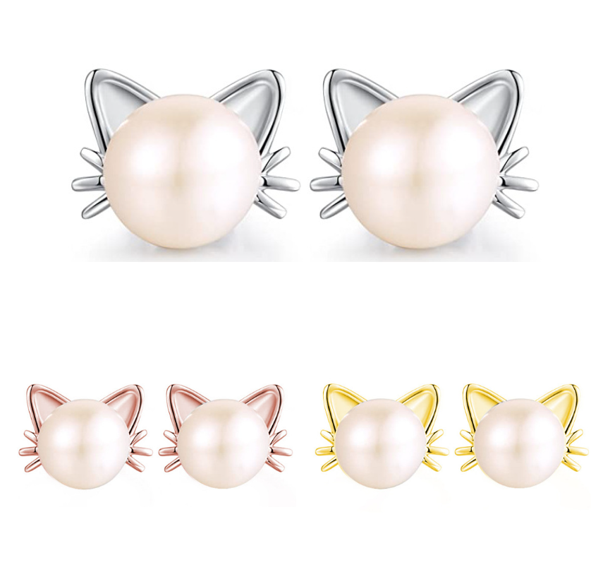 S925 Sterling Silver Kitty Cat White Freshwater Pearl Stud Earrings Gift PE58