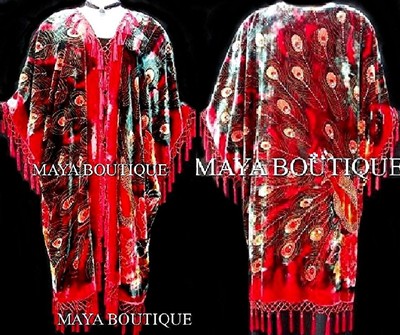 Pre-owned Maya Matazaro Silk Velvet Kimono Opera Coat Duster Beaded Red Multi Peacock