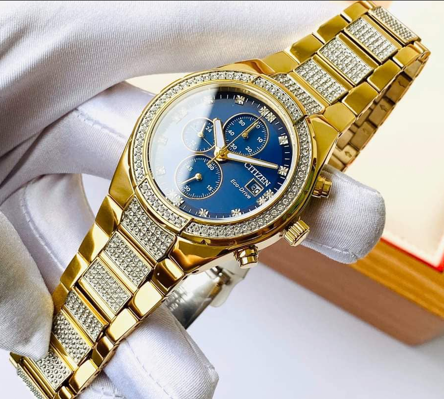 Pre-owned Citizen Blue Dial Eco-drive Crystal Gold Tone Men's Watch Ca0752-58l