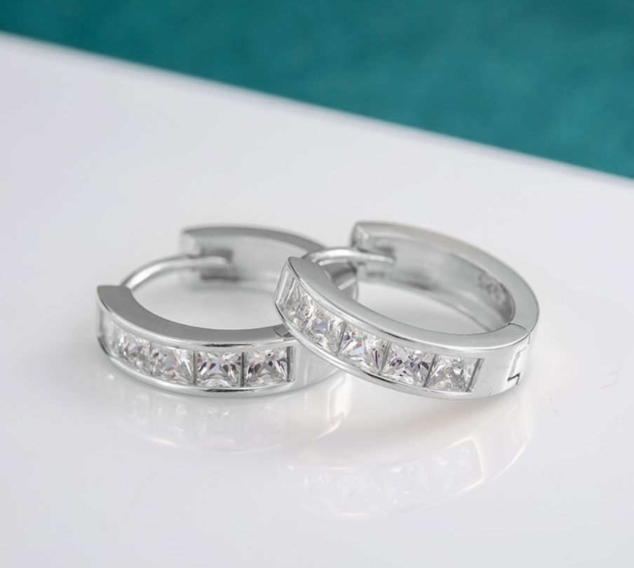 925 Sterling Silver Plated Square Cz Huggie Hoop Earrings Women Men
