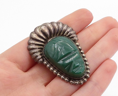MEXICO 925 Sterling Silver Vintage Green Onyx Carved Face