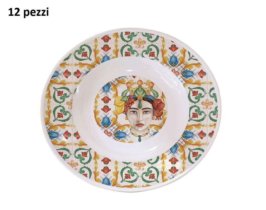 Servizio Piatti Set 12 Pezzi Piatto Fondo In Melammina 23cm Caltagirone dfh