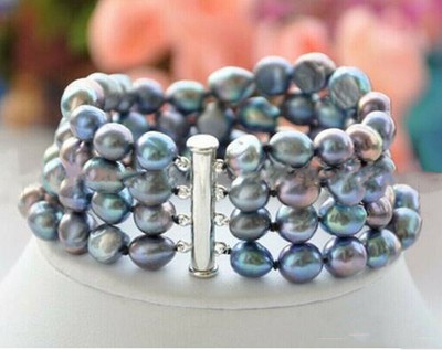 4 Rows 7-8mm 8-9mm Natural Peacock Black Freshwater Baroque Pearl Bracelet 7.5''